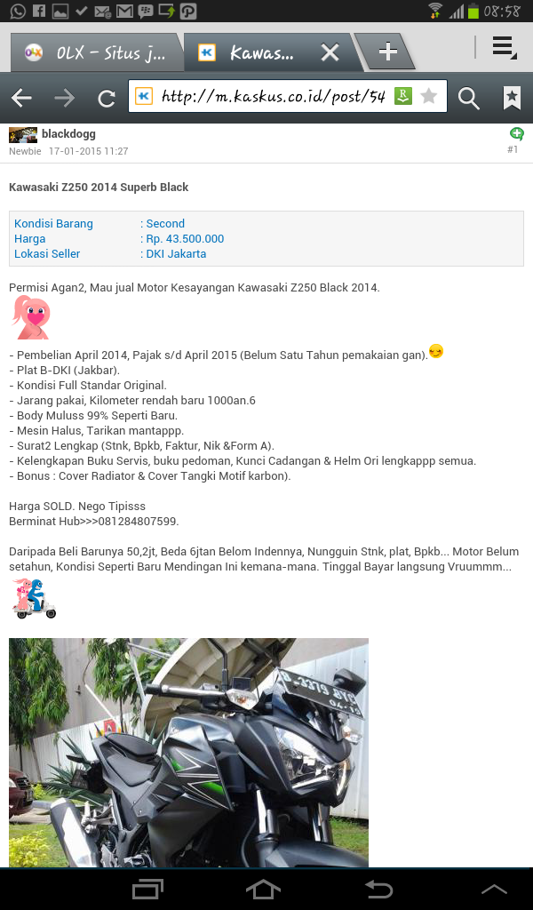 Mau jual Motor Kesayangan Kawasaki Z250 Black 2014