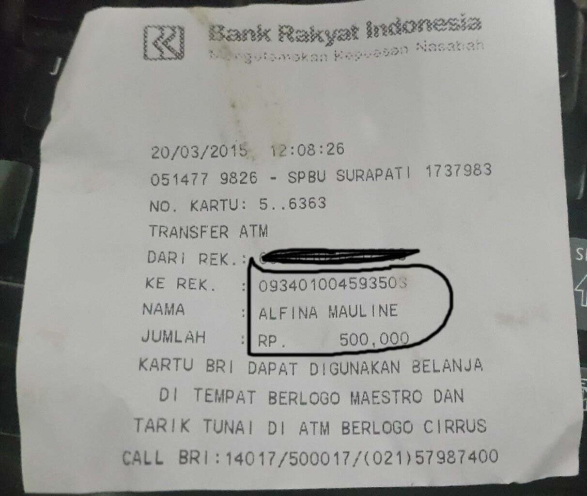 NO. REK. BRI 093401004593503 ALFINA MAULINE , NO HP 087744465527 PENIPU