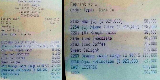 Heboh, Isi Baterai Laptop di Marche Restaurant Bayar Rp 400 Ribu