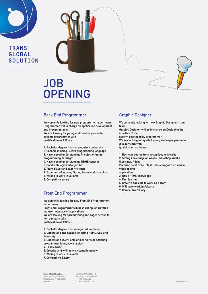 &#91;Jakarta&#93; Back-End / Front-End Programmer, Graphic Designer, QA and Admin