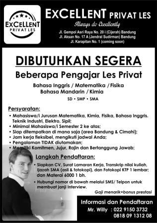 Lowongan kerja Guru pengajar les privat matematika mafiki inggris mandarin di Bandung
