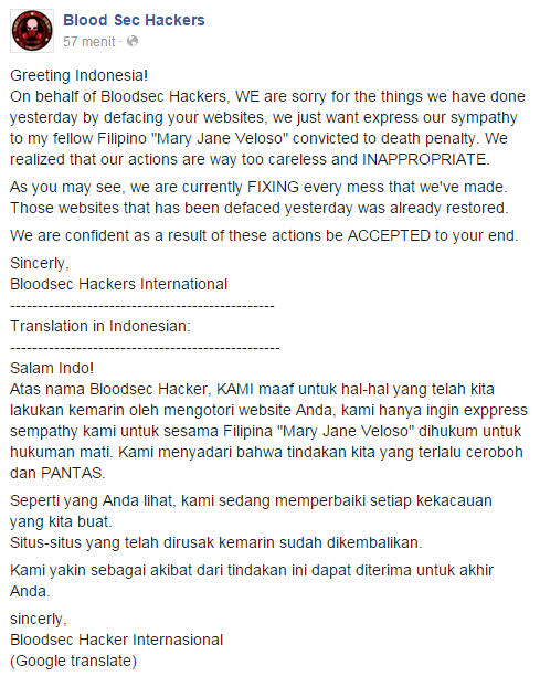 Hacker Filipina serang Indonesia, tolak eksekusi mati Mary Jane