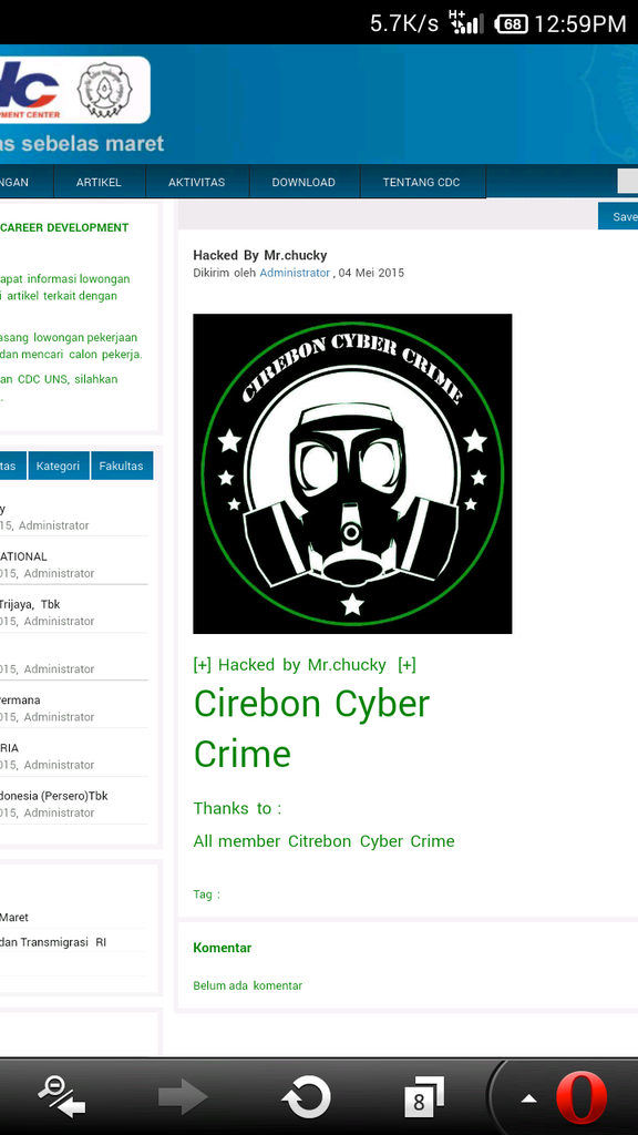 WEB PENCARI KERJA CDC UNS SURAKATA DI HACK CIREBON CYBER CRIME 