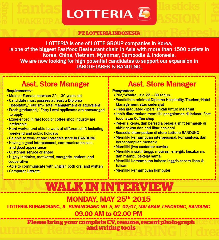 &#91;BANDUNG&#93; WALK-IN-INTERVIEW PT. LOTTERIA INDONESIA
