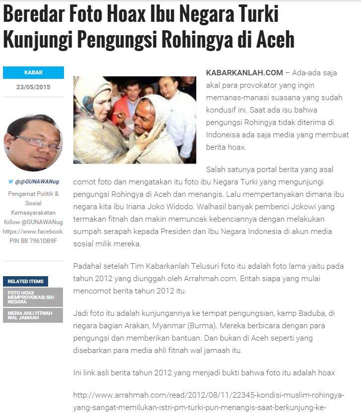 GOSSIP - Beredar Foto Hoax Ibu Negara Turki Kunjungi Pengungsi Rohingya di Aceh