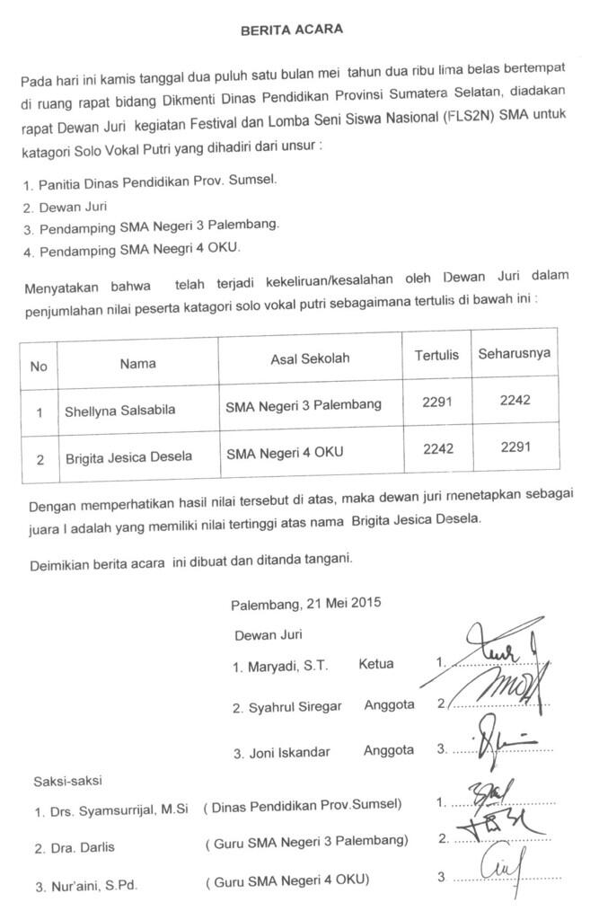 Mohon Ketegasan Dinas Pendidikan Sumatera Selatan atas hasil lomba FLS2N tahun 2015
