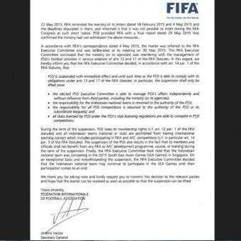 Ini Isi Lengkap Surat Sanksi FIFA untuk Indonesia