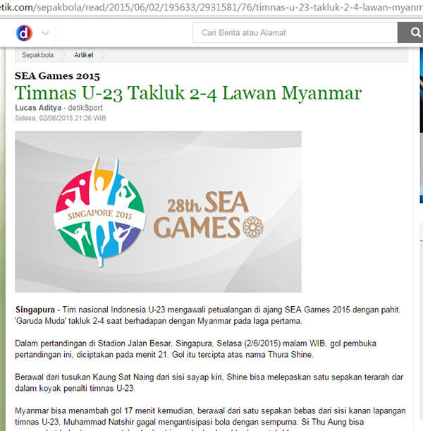 &#91; Sea Games &#93; Indonesia KALAH 2 - 4 dari Myanmar