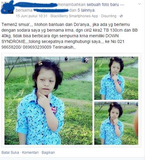 &#91;ANAK HILANG&#93; cewe, yatim piatu, Down Syndrom, TB 130cm dan BB 40kg