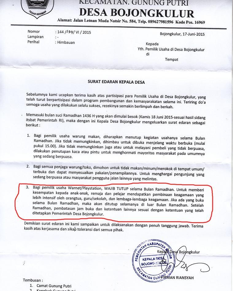 PELARANGAN BUKA USAHA WARNET & PLAYSTATION SELAMA BULAN PUASA