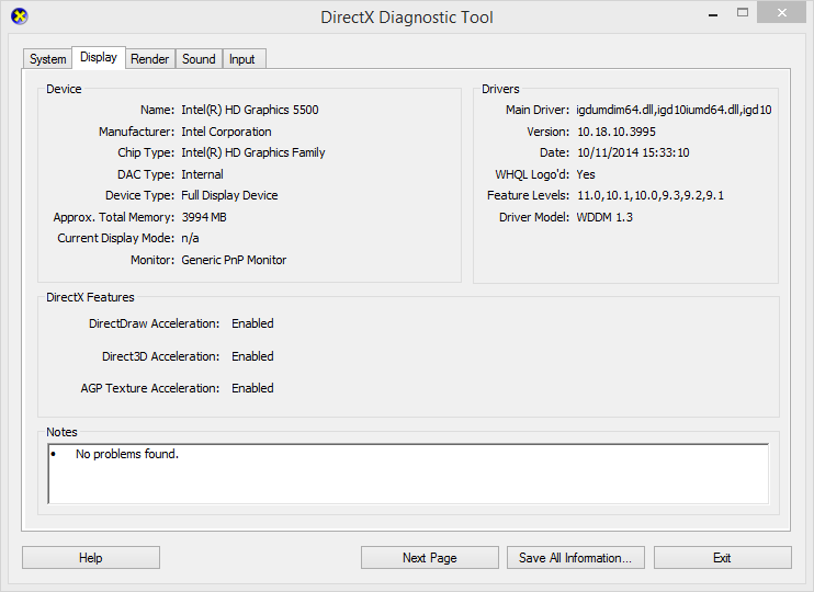 Current Display Mode di dxdiag n/a 