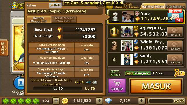 ID Get Rich aka Getrich Lv.70|Tricia S+30|SheepDiana S+30|Pendant S Rata|Joki Diamond