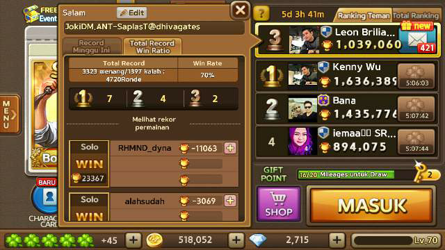 ID Get Rich aka Getrich Lv.70|Tricia S+30|SheepDiana S+30|Pendant S Rata|Joki Diamond