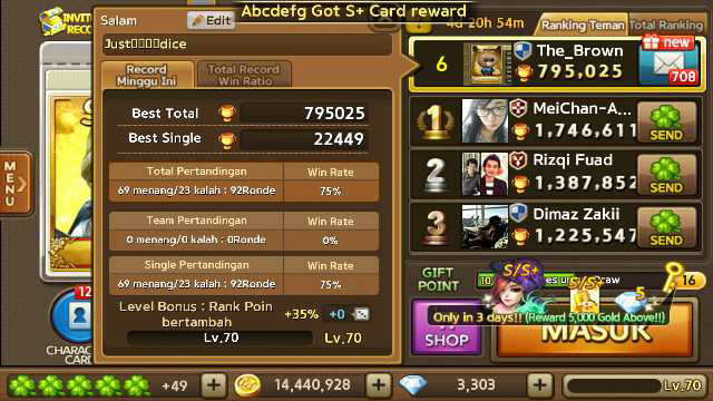 ID Get Rich aka Getrich Lv.70|Tricia S+30|SheepDiana S+30|Pendant S Rata|Joki Diamond