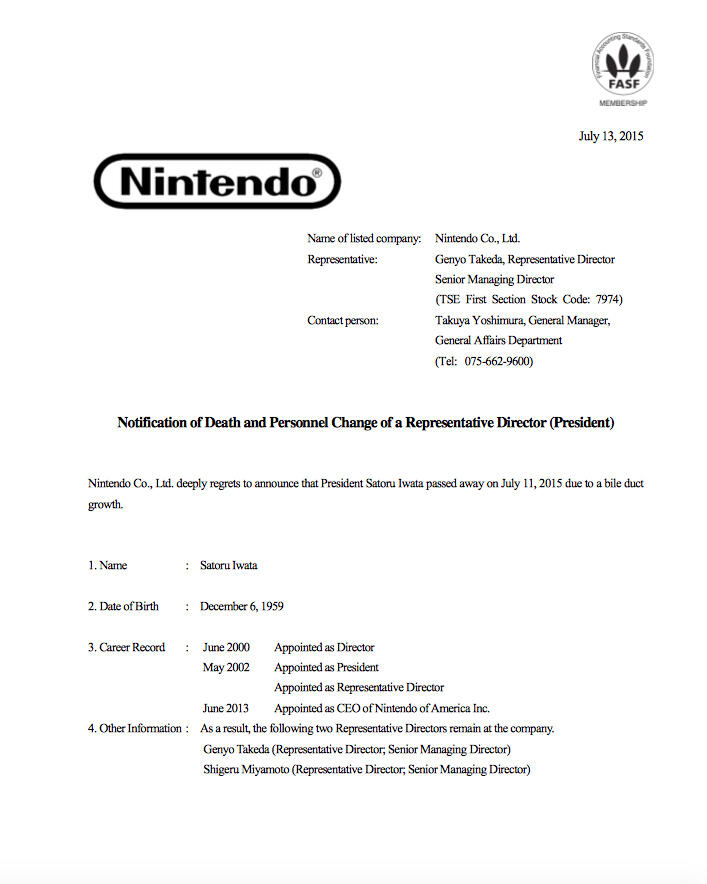 &#91;BREAKING&#93; NINTENDO Chief Satoru Iwata Meninggal
