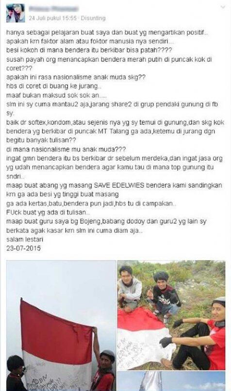 Miris, bendera Merah Putih dicoret-coret di Gunung Talang