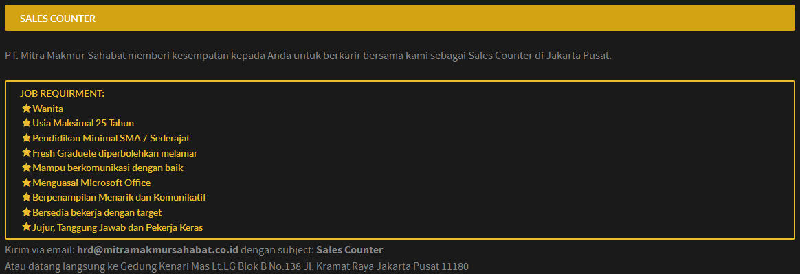 Lowongan Kerja Sales & Admin Gudang untuk Wanita - PT MITRA MAKMUR SAHABAT
