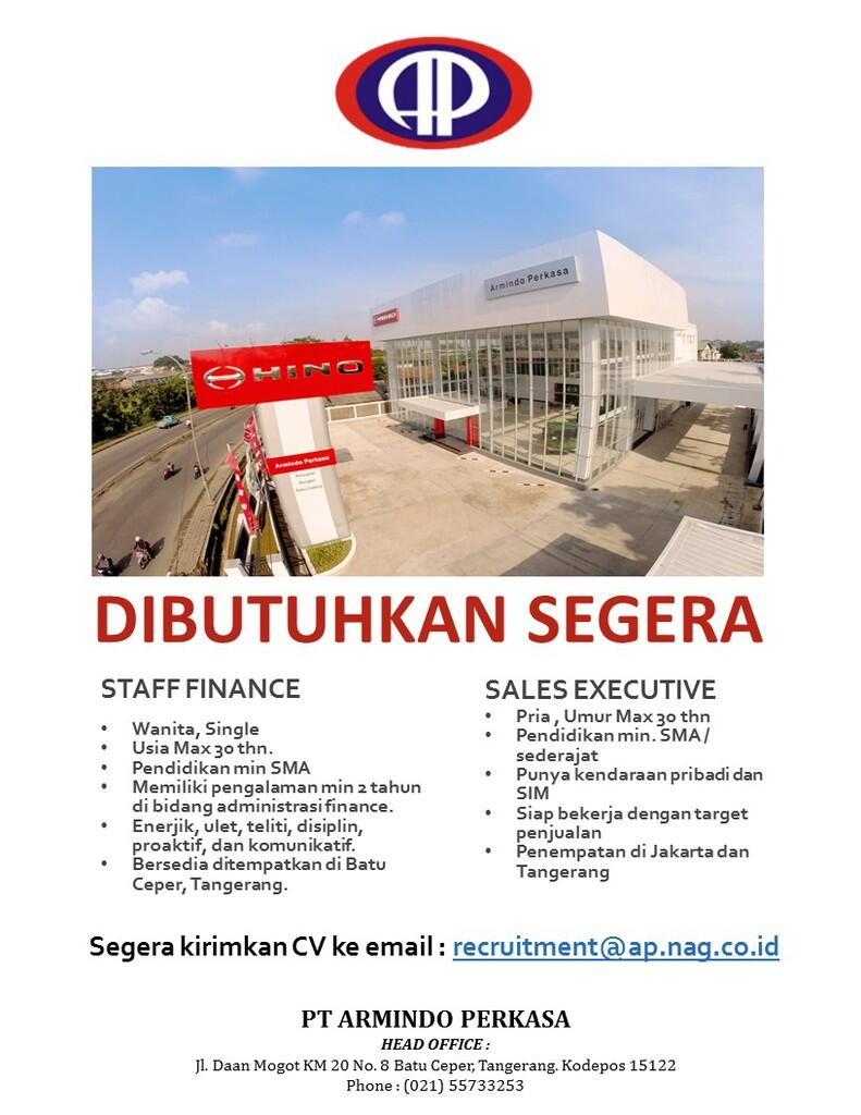 LOWONGAN KERJA PT ARMINDO PERKASA ( Staff Finance & Sales Executive )