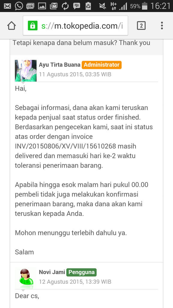 Komplain pelayanan admin tokopedia