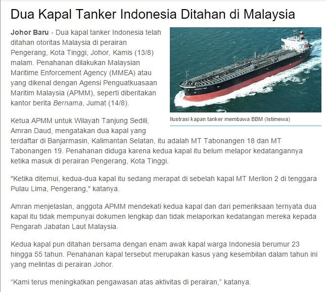 Dua Kapal Tanker Indonesia Ditahan di Malay