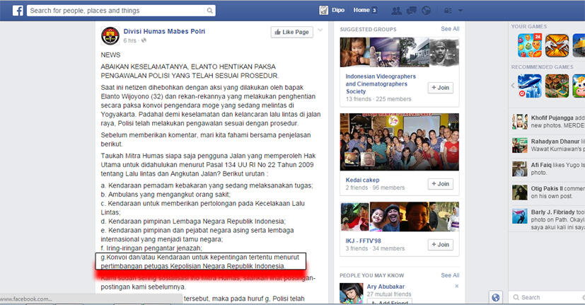 Potensi pelanggaran oleh FB Page DIV HUMAS MABES POLRI