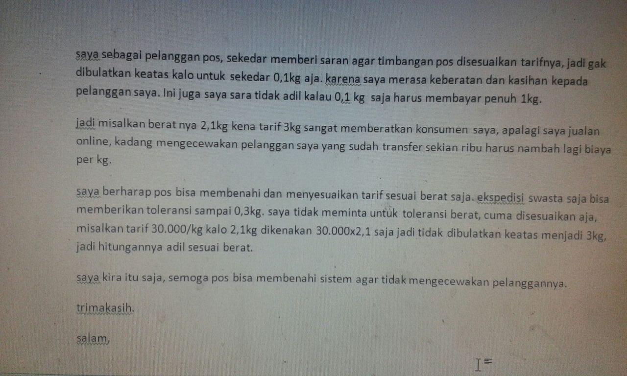 Tarif pengiriman Pos tidak adil