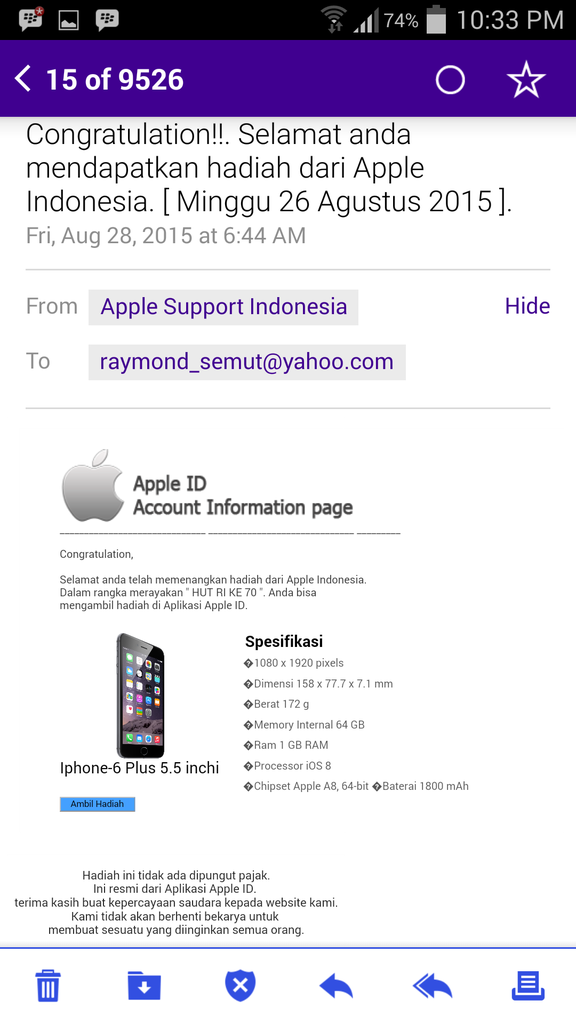 Penipuan apple via email ..