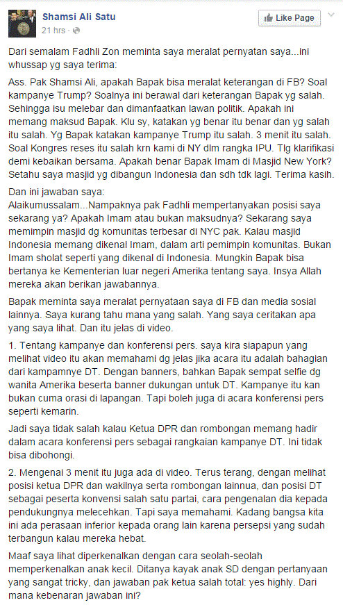 JAWABAN SHAMSI ALI SATU ATAS PERMINTAAN FADHLI ZON