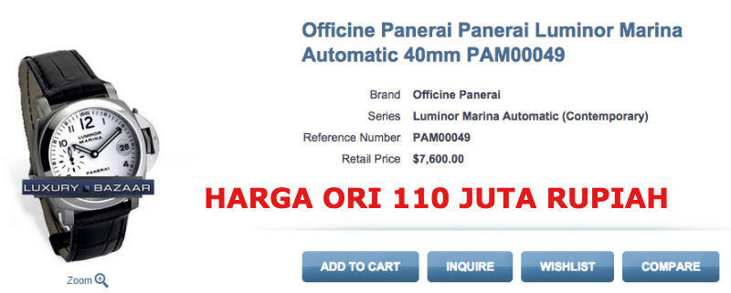 Panerai PAM 0049 UNISEX SWISS 1:1, 40mm, HARGA PER SEPT 2015 -> 110 JUTA RUPIAH.