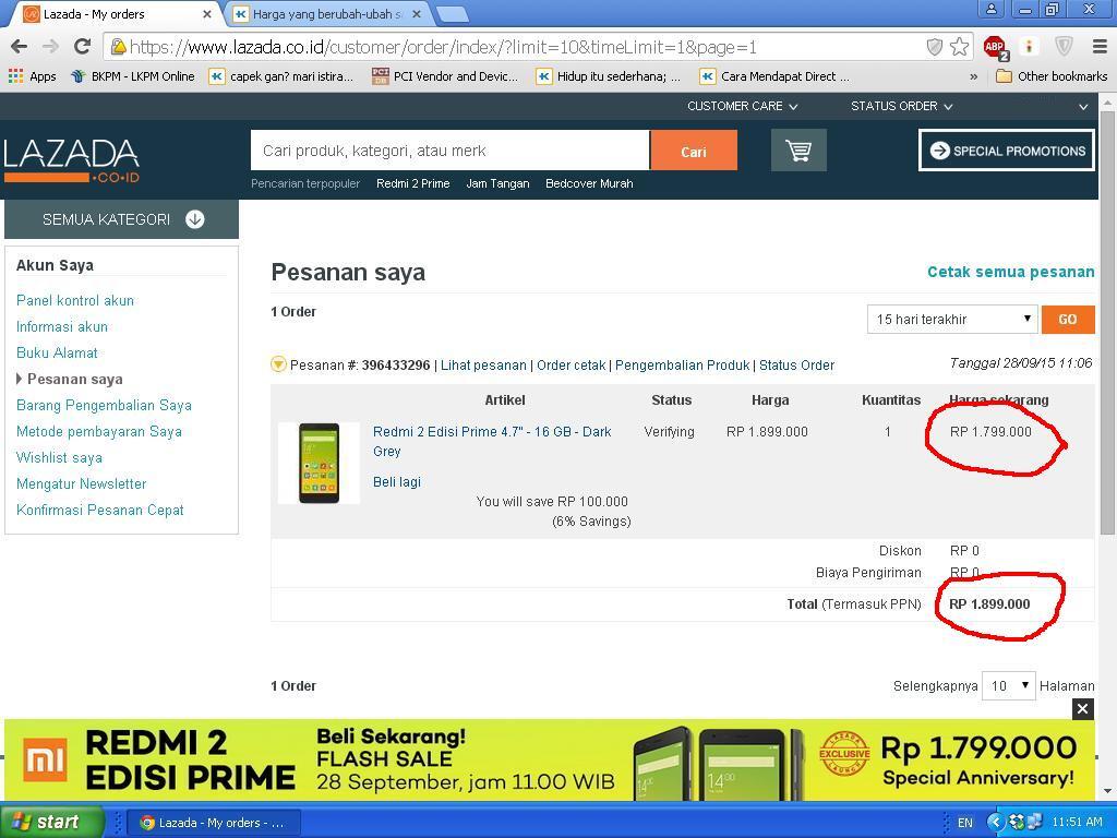 Harga yang berubah-ubah saat &quot;LAZADA FLASHSALE REDMI 2 EDISI PRIME&quot;