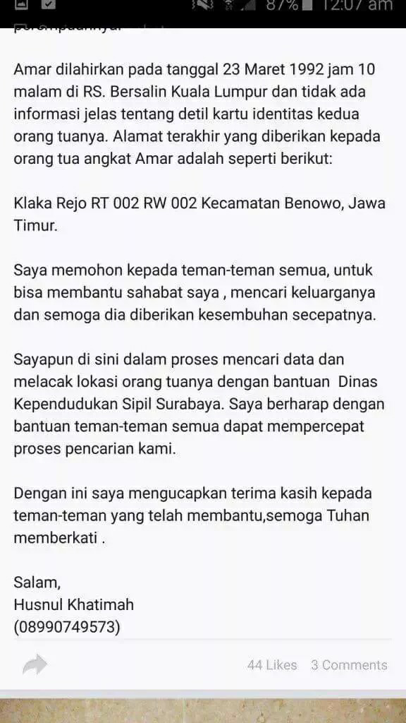 Info pencarian orang tua di Jawa Timur