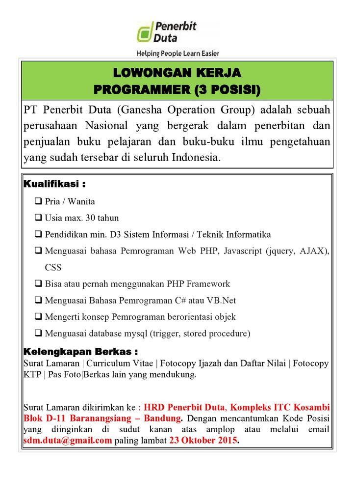 (BANDUNG) LOWONGAN KERJA PT. PENERBIT DUTA (GO GROUP) UNTUK BERBAGAI POSISI