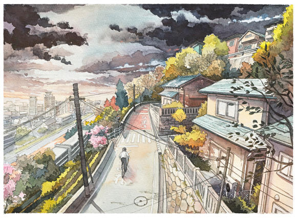 'Bicycle Boy' Seri Ilustrasi Apik Cat Air Berdasarkan Lokasi Setting Studio Ghibli