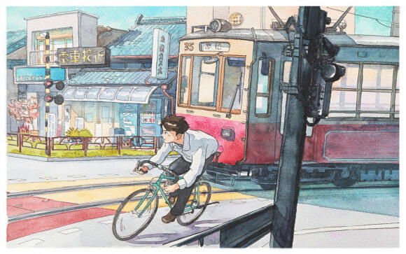 'Bicycle Boy' Seri Ilustrasi Apik Cat Air Berdasarkan Lokasi Setting Studio Ghibli