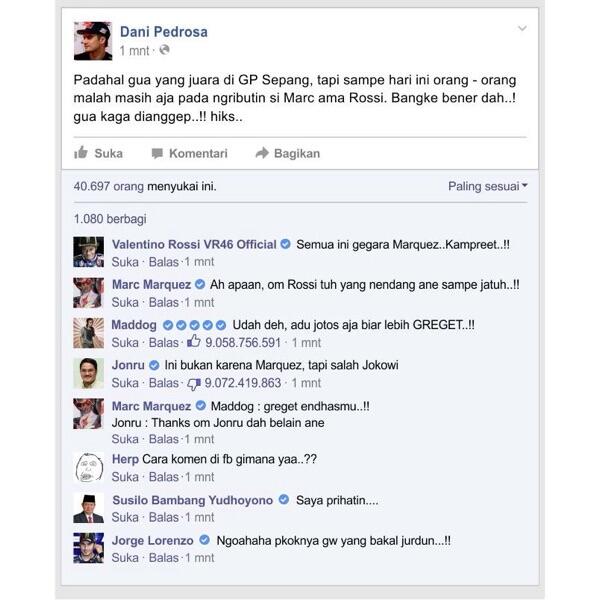 Curhatan Dani Pedrosa Tentang Rosi dan Marques di FBnya!