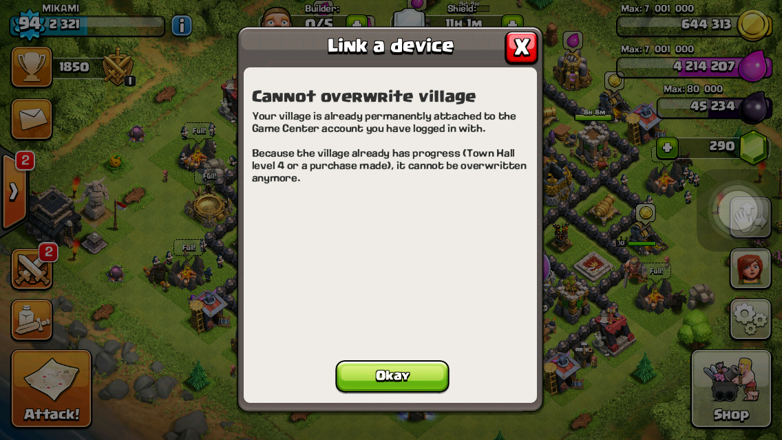 Clash of clans (cannot overwrite village)