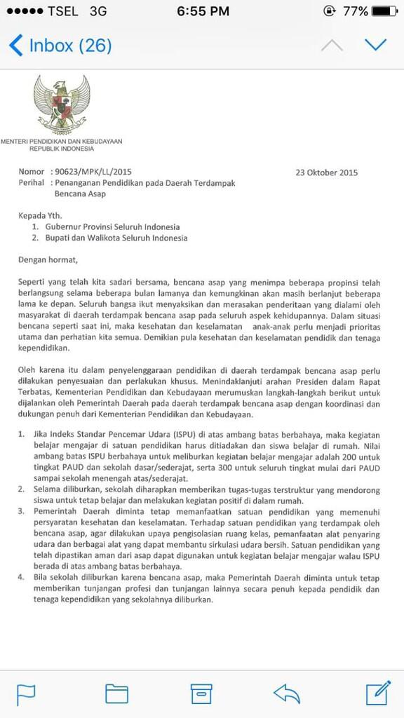 &#91;PesonaEdu&#93; Surat Edaran Resmi MENDIKNAS, untuk pelajar korban BENCANA ASAP