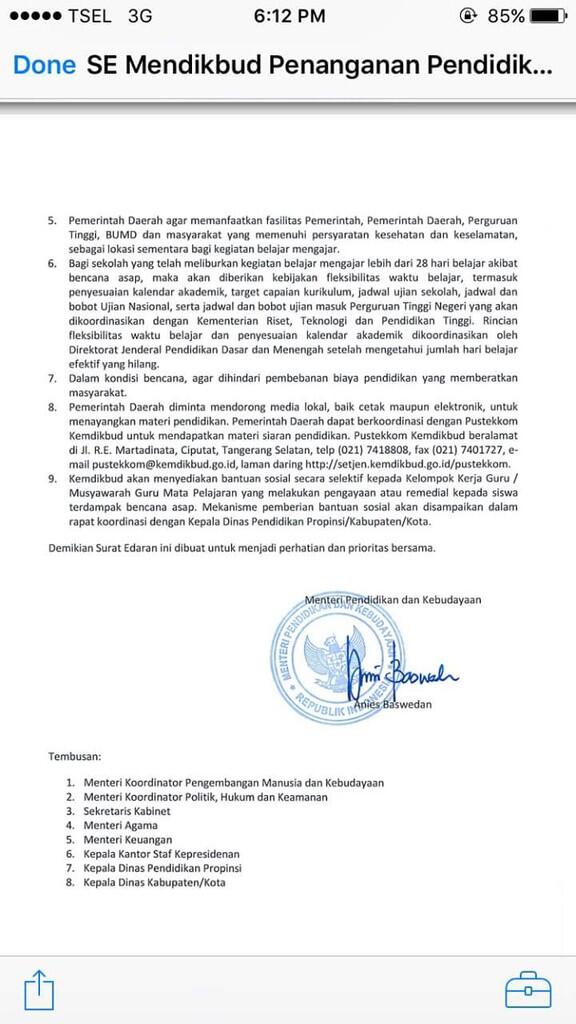 &#91;PesonaEdu&#93; Surat Edaran Resmi MENDIKNAS, untuk pelajar korban BENCANA ASAP