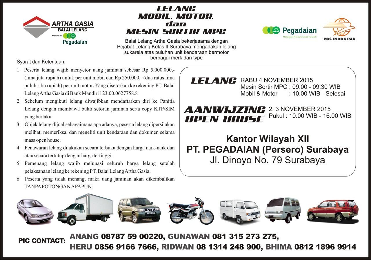 LELANG MOBIL PT.POS INDONESIA &amp; PT. PEGADAIAN di Surabaya, Rabu 4 NOV 2015