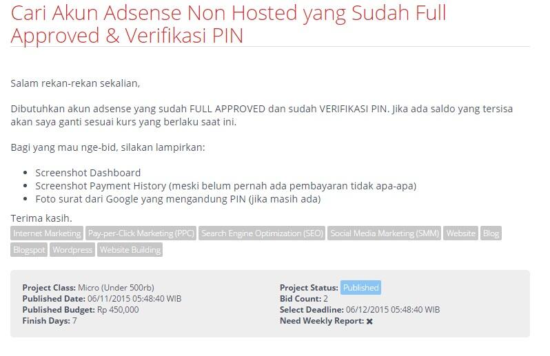 &#91;FREELANCER&#93; Akun Adsense Non Hosted yang Sudah Full Approved &amp; Verifikasi PIN