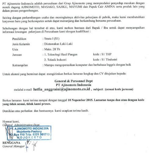 All About Rekrutmen PT. AJINOMOTO Indonesia