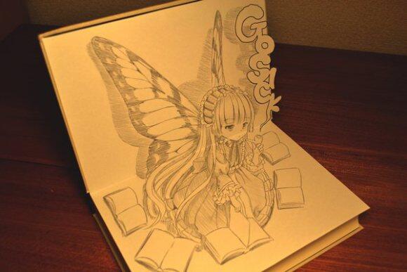 Lukisan karakter manga Gosick berbentuk 3D hanya dengan pensil, kertas dan buku