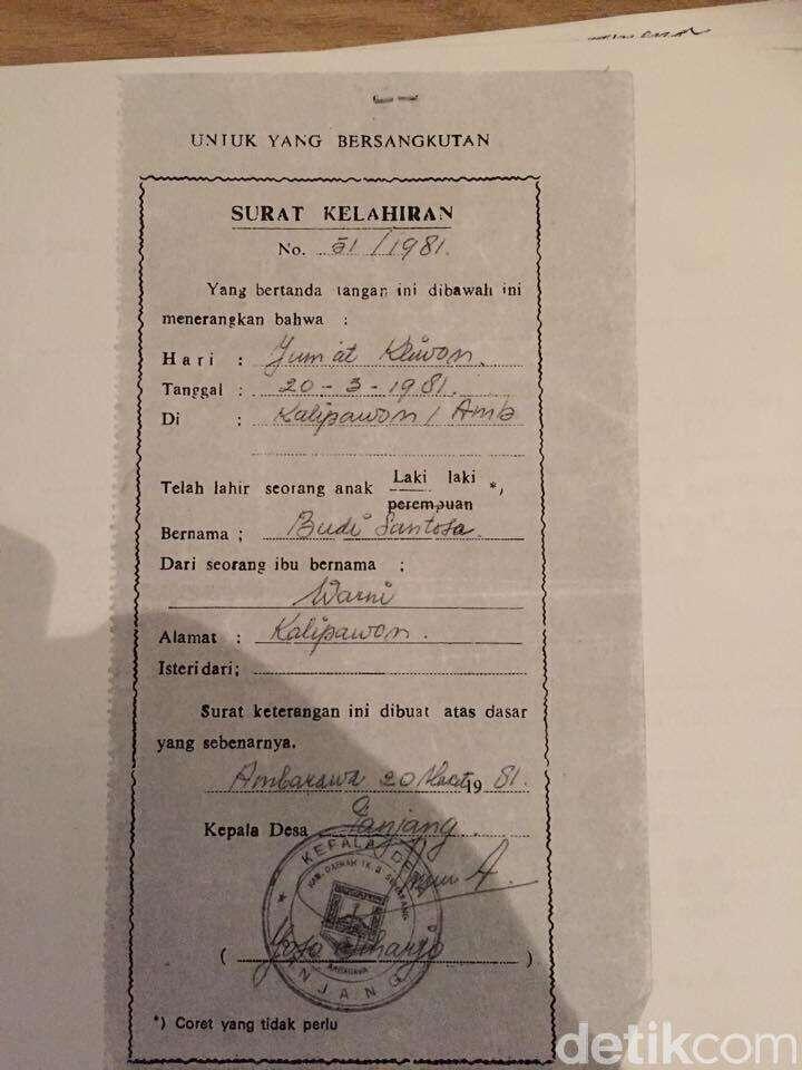 Ibu Sander 'Budi Santoso' Bernama Warni, ini Surat Kelahirannya