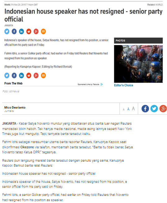Reuters Ralat Berita Setya Novanto Mundur Dari Ketua DPR-RI