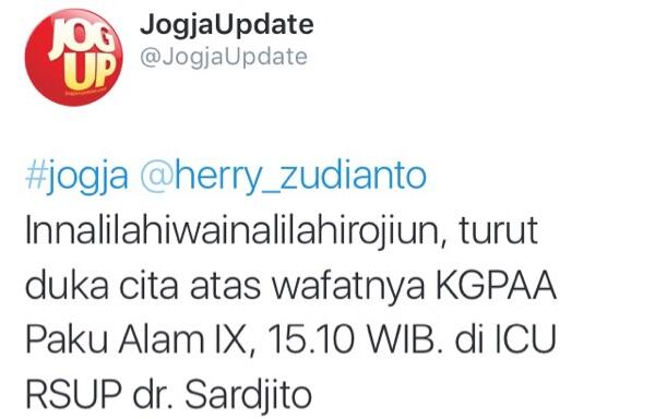 Wakil Gubernur DIY KGPAA Paku Alam IX meninggal 21 Novemer 2015
