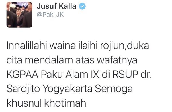Wakil Gubernur DIY KGPAA Paku Alam IX meninggal 21 Novemer 2015