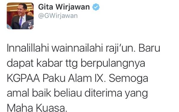 Wakil Gubernur DIY KGPAA Paku Alam IX meninggal 21 Novemer 2015