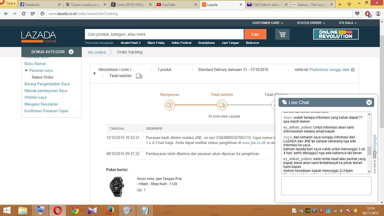 BELI DI LAZADA dari tanggal 8 Oktober 2015 sampai sekarng belum juga di kirim.