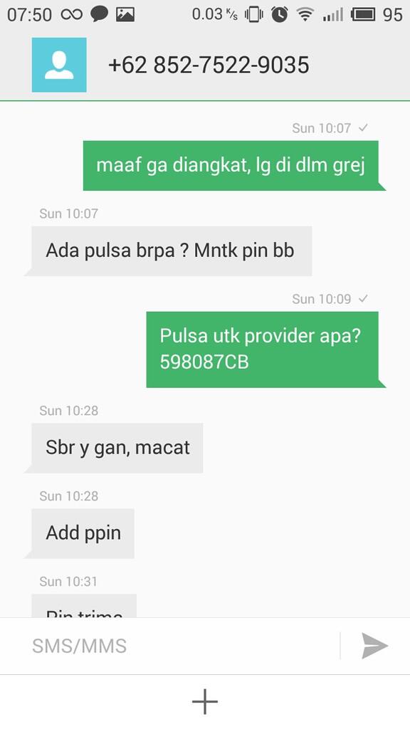 Penipuan Pulsa Transfer oleh 0852-7522-9035 diisi ke nomor 6281328938838