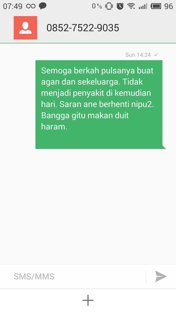 Penipuan Pulsa Transfer oleh 0852-7522-9035 diisi ke nomor 6281328938838